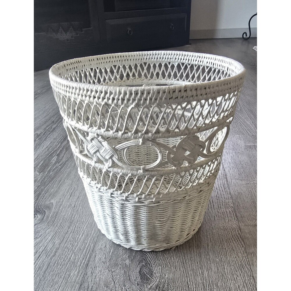 Vintage Wicker Wastebasket White MCM Cottage Beach Shabby Chic Boho